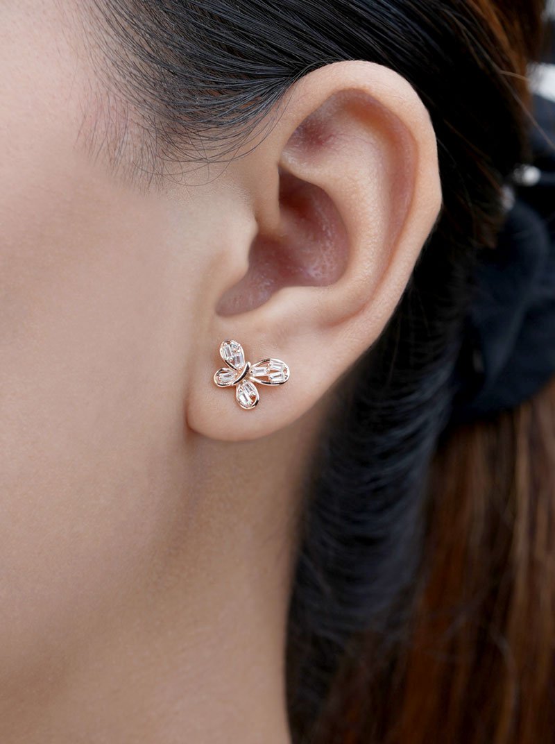 Baguette Wings Stud Earrings (Pure Silver) - Rose Gold